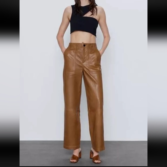 Zara Women's 100% Sheep Leather Camel Cargo Pants Straight Leg Size S - Picture 1 of 16